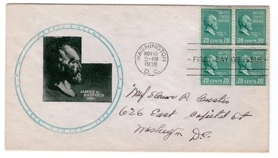 #825 Presidential Series 20c James Garfield 1938 FDC - Planty #15 Raley - Image 1 of 2