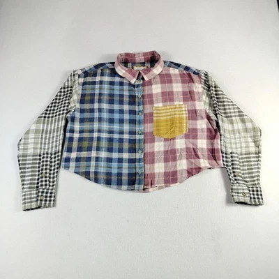 Camisa American Eagle para mujer pequeña a cuadros retazos bloques de colores recortada franela top Foto 1 de 4