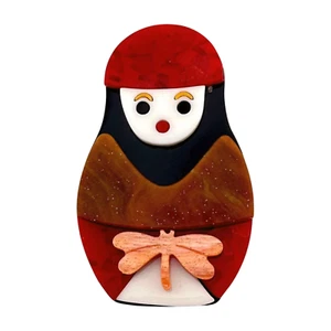 Acrylic Resin Brooch Babushka Doll Matryoshka Doll Red and Brown with Dragonfly - Picture 1 of 9