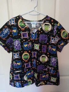 Womens Scrub Top Black Halloween Frankenstein Large Cotton - Picture 1 of 3