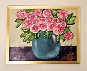 Original Artwork Floral Pink Roses Acrylic Painting Contemporary Impressionism - Picture 1 of 6