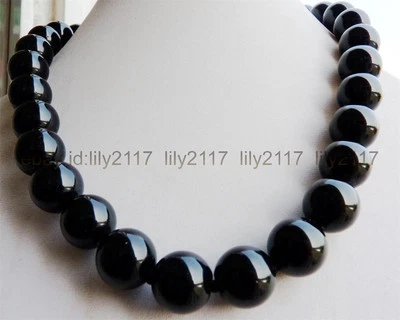 长 24 英寸天然黑色玛瑙 14 毫米巴西黑玛瑙宝石珠项链 — 第 1/4 张图片