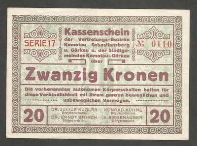 Czechoslovakia - Komotau; 20 Kronen 15.11.1918; VF+; HH-106.1.3a; W/o overprint - Image 1 of 2