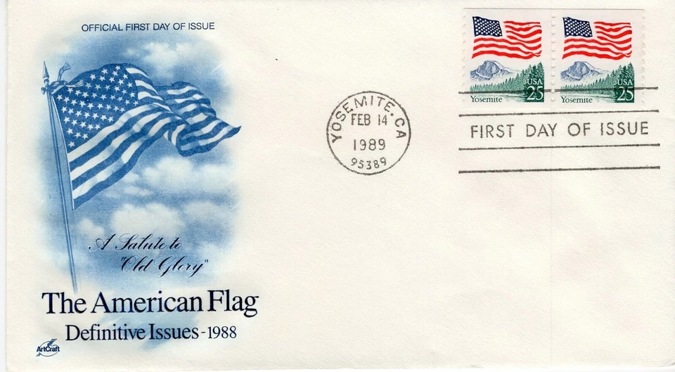 USPS FDC #2280a 1989 25c Flag Over Yosemite Coil Stamp Pair Artcraft ST2053 - Image 1 of 1
