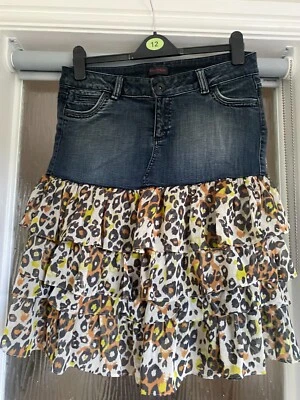 MISS SELFRIDGE UPCYCLED DENIM SKIRT, LAYERED, ANIMAL PRINT, SIZE 12 - Image 1 of 4