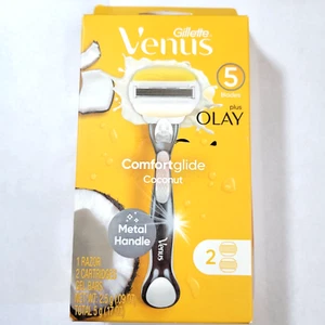 Gillette Venus Olay Comfortglide Coconut Metal Handle 5 Blades 2 Cartridges - Picture 1 of 3