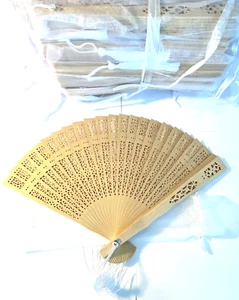 50 New Intricately Carved Sandalwood Fan - Beach Summer Wedding Party Favor - Picture 1 of 6