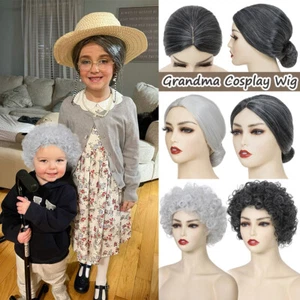 Grandma Old Lady Bun Wig Dress Up Granny Costume Wigs Straight for Adult Kid GBP - Picture 1 of 14