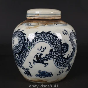 Antigua lata china de porcelana antigua azul y blanca dragón Jara - Imagen 1 de 11