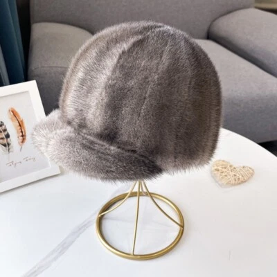 Women's Real Mink Fur Hat Baseball Cap Beanies Warm Princess Peaked Cap Top Hat - Image 1 of 4