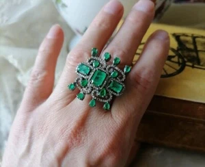 Natural Zambian Emerald Gemstone & Diamond Ring 925 Silver Victorian Jewelry - Picture 1 of 4