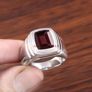 Natural Gema Granate Con 925 Anillo Plata de Ley para Hombres #5514 - Imagen 1 de 3