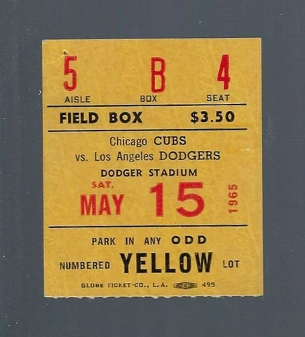 DODGERS ONLY 1 HIT, BUT WIN - 1965 CUBS @ LA DODGERS TICKET STUB - MAY 15 Cover