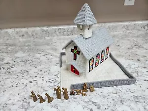 Vtg Church Building Woven Canvas Needlepoint 10 pc Plastic Nativity Set Cross - Picture 1 of 13