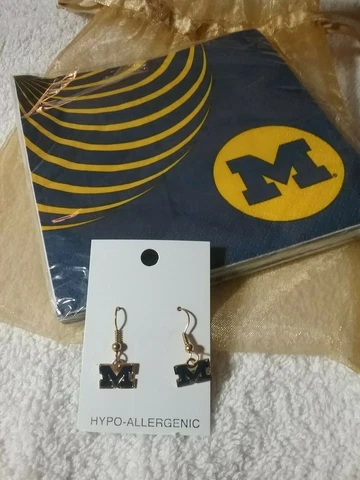 Michigan Wolverines Navy Blue Block M Logo Gold Charm Earrings Jewelry Wire Hook Cover