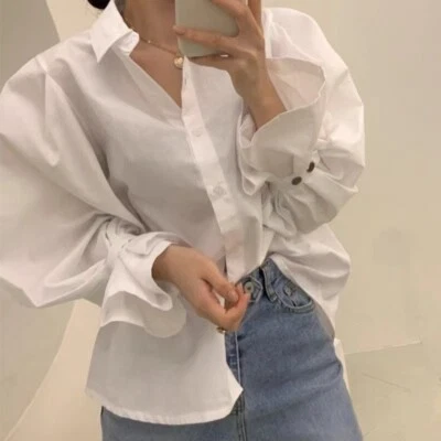 Blusa feminina manga folhada algodão bolha moda branca botão de trabalho OL - Imagem 1 de 4