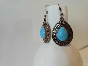 Boho Copper Earrings Turquoise Blue Teardrop Dangle - Picture 1 of 4