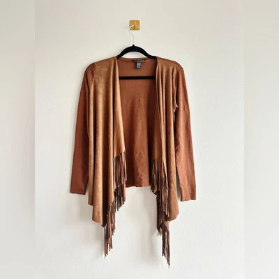Cárdigan abierto vintage INC marrón boho occidental imitación gamuza flecos talla pequeña Foto 1 de 4