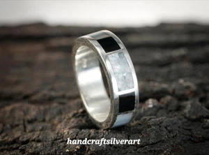 Black Onyx, Abalone Silver Inlay Ring Inlay Band Sterling Silver 925 Jewelry - Picture 1 of 6