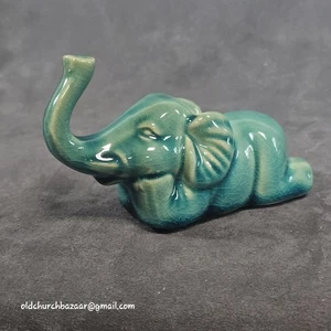 Turquoise Ceramic Elephant Figurine Ring Jewelry Holder Trunk Up Good Luck - Picture 1 of 10