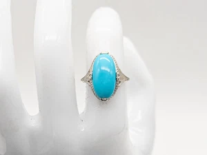 Antique 1920s 4ct Fancy Cut Natural Turquoise 18k White Gold Filigree Ring BIG - Picture 1 of 7