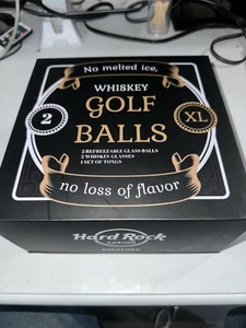 2 HARD ROCK ROCKFORD CASINO Whiskey Glasses 2 Freezable Glass "Golf" Balls Tongs - Picture 1 of 12