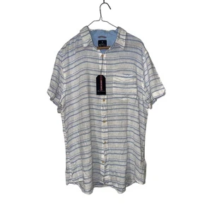NWT BEN SHERMAN Men’s Large White Stripe Linen Blend Short Sleeve Button Down - Picture 1 of 4