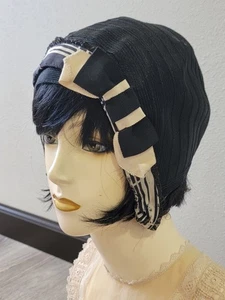 Art Deco Cloche Hat Black horsehair Up Turned Brim Silk Black White w Front Bow - Picture 1 of 19