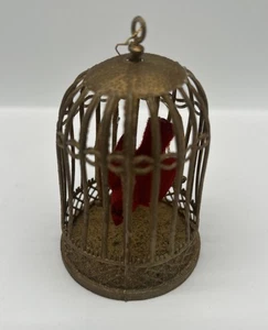 Vtg Gold Plastic Bird Cage w Red Flocked Bird Christmas Ornament Dollhouse T1 - Picture 1 of 6