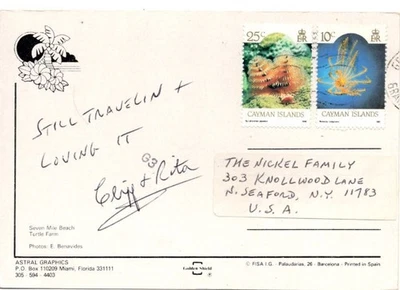 Cangrejo de las Islas Caimán 10c + 25c usado en playa y granja tortuga a EE. UU. Foto 1 de 2