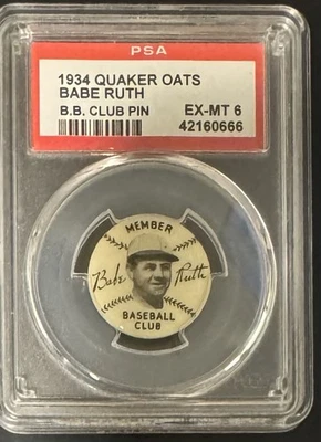 1934 BABE RUTH CLUB PIN BACK QUAKER OATS PSA GRADE 6 (EX-MT) N. Y. YANKEES CLUB - Image 1 of 2