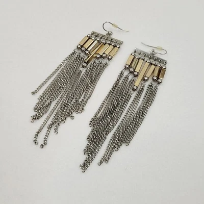 Pendientes de moda con borla de metal tono latón tono plata cadena colgante dos tonos boho Foto 1 de 4