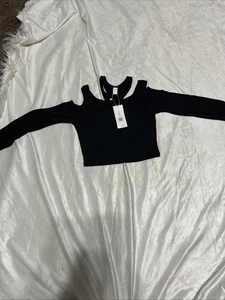 NWT Romwe Women Blk Top Spaghetti Crop Top L/S Sz M - Picture 1 of 17