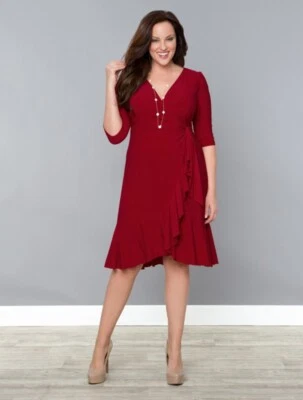Kiyonna Dress Whimsy Style True Wrap Size 10 12 Red Ruffle Hemline 3/4 Sleeve - Image 1 of 4
