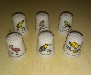 Set 6 Vintage Exotic Bird Porcelain Thimbles Sewing Thimble Macaw Toucan Birds - Picture 1 of 2