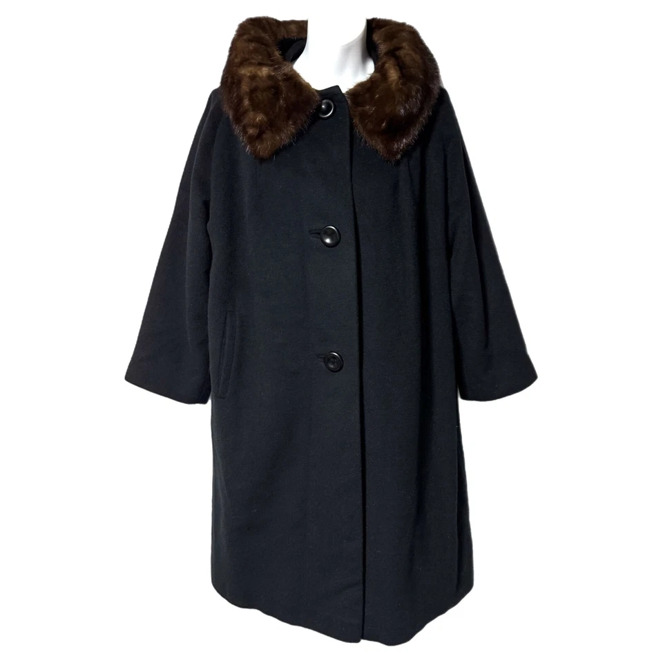Vintage Women’s Black Cashmere & Mink Collar Swing Mid Long Length Pea Coat M/L - Image 1 of 4