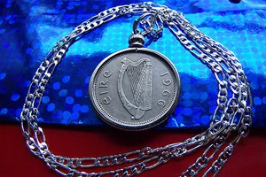 1966 IRELAND TAURUS BULL SHILLING PENDANT on a 22" 925 STERLING SILVER Chain - Picture 1 of 2