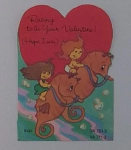 Vintage Child's Die Cut School Valentine Card, Kids Riding Seahorses - Unused #3 - Picture 1 of 1