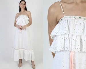Vintage White Embroidered Eyelet Dress Spagehtti Strap Cottage Prairie Sundress - Picture 1 of 6