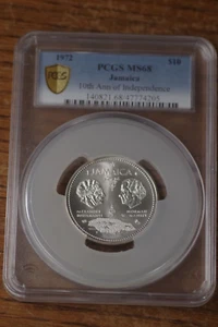 1972 JAMAICA SILVER $10 PCGS MS68, 2nd Highest grade, pop. 6, SILVER 1.4632 Oz - Picture 1 of 4