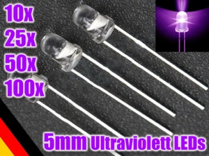 10, 25 oder 50, 100 Stück 5mm LED UV Licht Ultraviolett Schwarzlicht LEDs aus DE - Picture 1 of 3