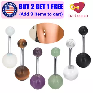 6PC 14G Surgical Steel Belly Button Ring Natural Stone Ball Navel Curved Barbell - Picture 1 of 8