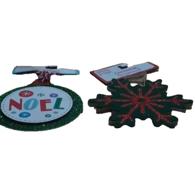 Set of 2 Holiday Style Wood Glitter Ornaments New - Image 1 of 3