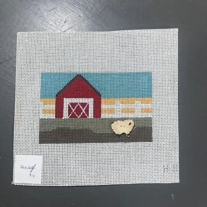 Hand Painted Needlepoint Canvas Farm Scene w/ Ceramic Beige Sheep Embellishment - Picture 1 of 2