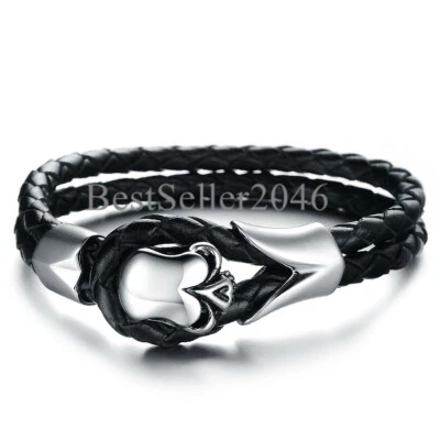 Goth Biker Stainless Steel Mens Skull Bracelet Genuine Braided Leather Cuff 8.3" - Image 1 of 4
