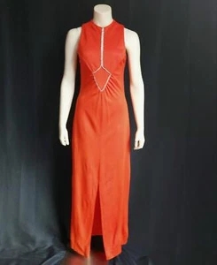 SPARKLING DISCO GLAM vintage 1970s ORANGE Column Cut MAXI PARTY DRESS - M/L - Picture 1 of 8