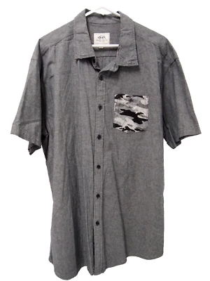 Ecko Unltd Mens Shirt 2XL Grey Chambray Camo Pocket Short Sleeve Button - Image 1 of 4