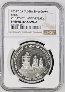 NGC PF69 UC-Tristan Da Cunha 2005 Ships VE Day Silver Crown Almost Perfect Proof - Picture 1 of 2