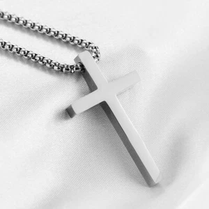 Men Women Cross Necklace for Boy Stainless Steel Plain Pendant Box Chain Gift - Picture 1 of 27