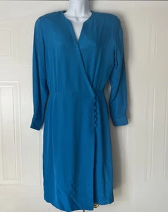 VTG Jeannene Booher 100% Silk Size 12 Wrap Dress Vibrant Blue Long Sleeve 80’s - Picture 1 of 15